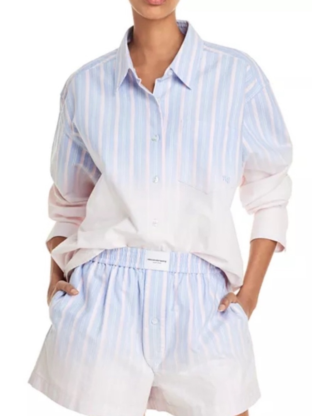 Alexander Wang T Pastel Pink Light Blue Striped Button Down Shirt shorts set